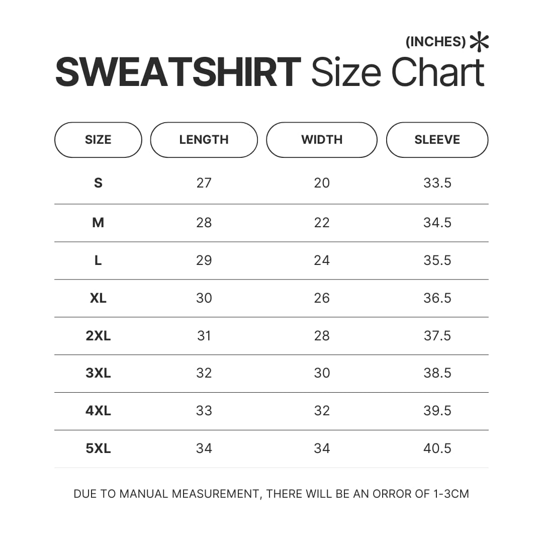 Sweatshirt Size Chart - Baki Merchandise