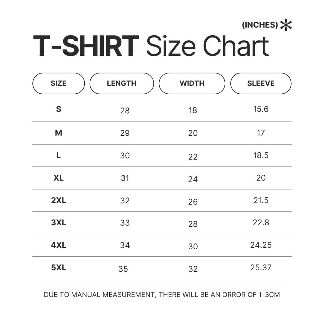 T shirt Size Chart - Baki Merchandise